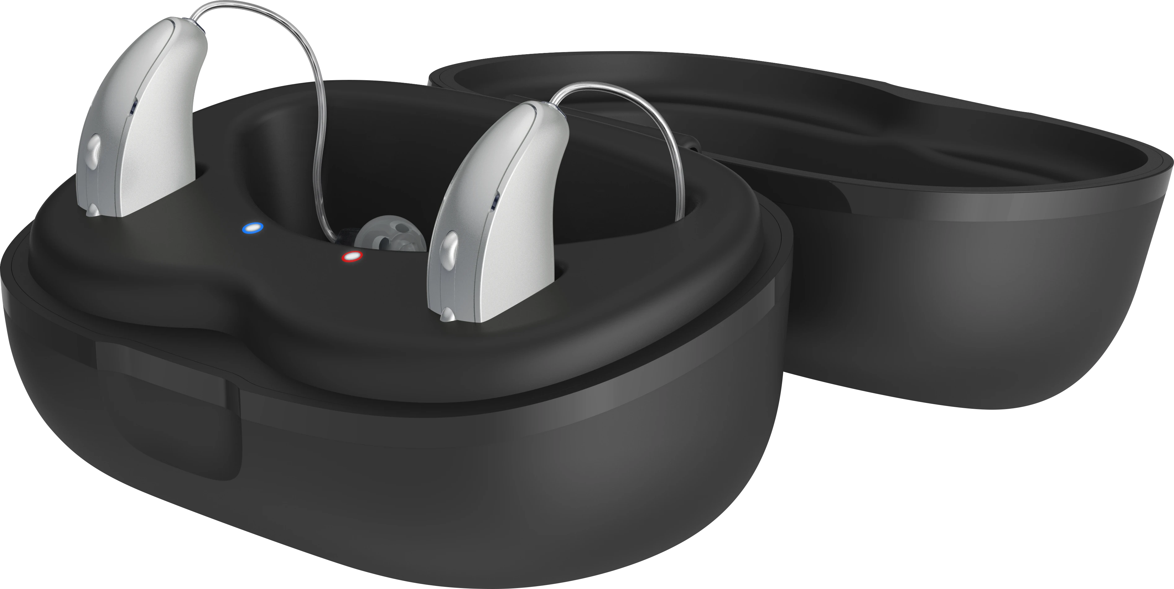 Zwei moderne Hörgeräte in schwarzer Ladestation für kabelloses Aufladen abgebildet.